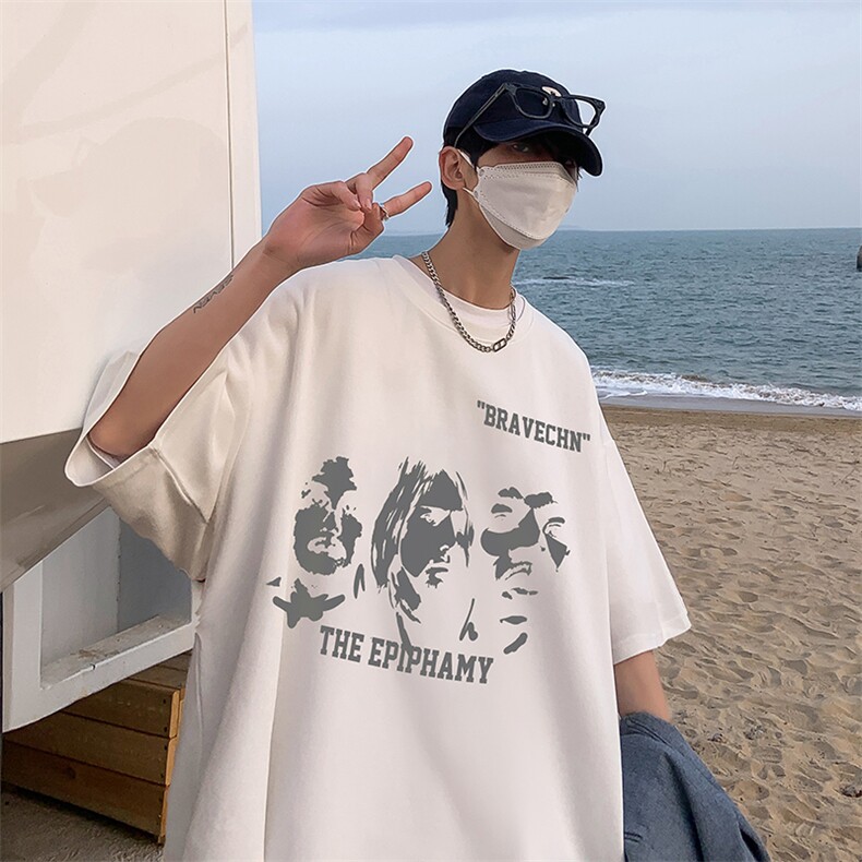 B239-1213-P28  个性人物头像 抽象印花 夏季高克重半袖 短袖t恤图片