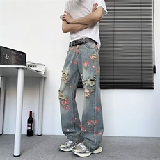 美式高街花卉破洞牛仔裤男款夏季高级感显瘦裤子玫瑰满印直筒长裤，男装牛仔裤，星座601-1