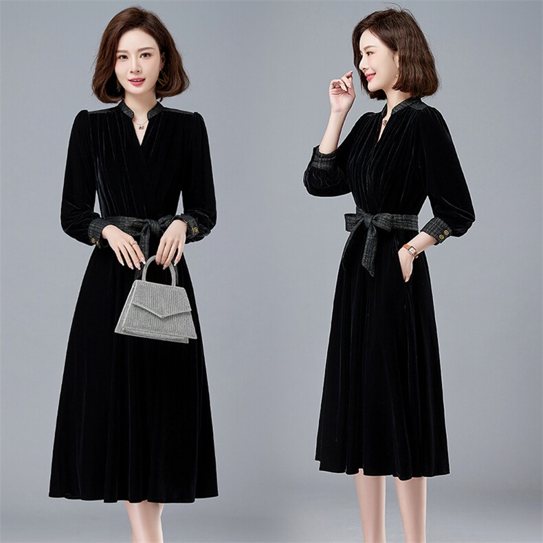 现货女装春新款减龄小黑裙金丝绒轻奢御姐赫本风内搭打底连衣裙，女装连衣裙，琦鑫阁（原依鑫阁）