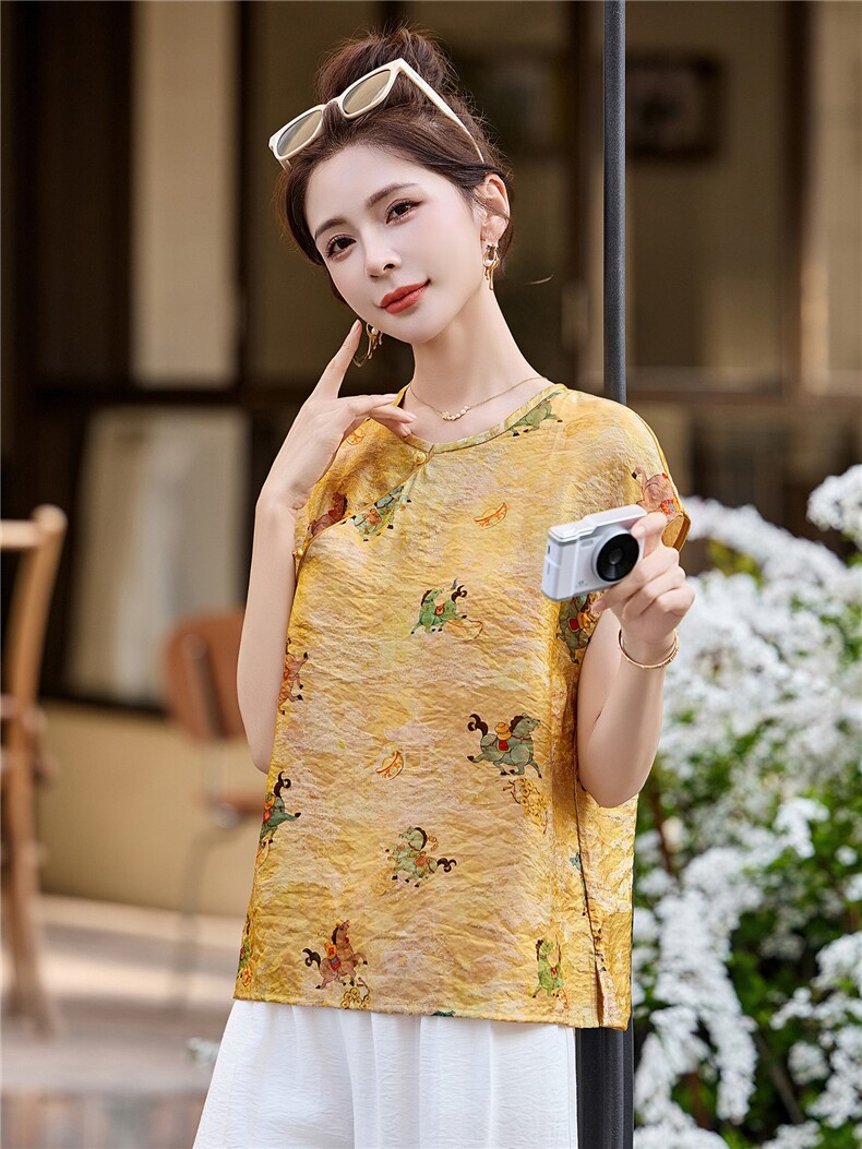 现货人丝苏锦夏季凉爽中式领丝麻女时尚潮流GAO级中古风套装,女装套装/套裙,木橙西子