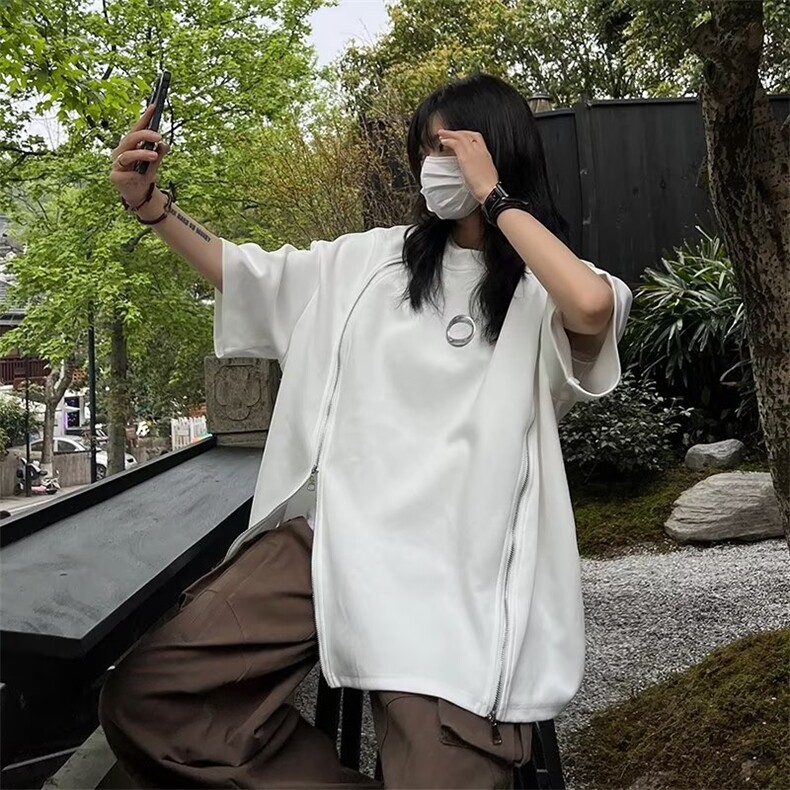 街头潮牌t恤男高街设计感小众拉链高级感短袖小领口金属半袖TX025,男装T恤,星座601-2