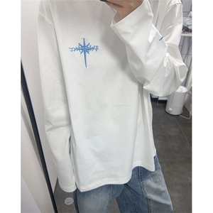 哥特星标语刺绣纯棉长袖t恤女秋冬宽松情侣打底上衣 TWP07图片