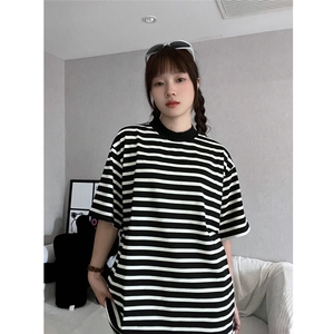 现货 重磅夏季条纹圆领短袖男女同款宽松海魂衫上大码T2510图片