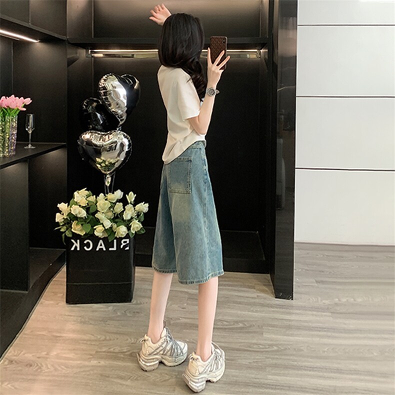 女夏季新款时尚运动休闲套装减龄百搭圆领短袖宽松牛仔中裤两件套,女装套装/套裙,2C310