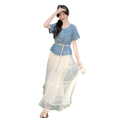 浅蓝色复古牛仔短袖上衣套装女2025夏季新款网纱半身裙显瘦两件套，女装套装/套裙，2D078