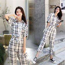 现货春夏装短袖连身裤格子工装套装连体衣裤潮1888212P95控158，女装裤子，艾青服饰
