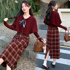 2025年秋季时尚潮流显瘦针织外披三件套裙，女装套装/套裙，心心服饰