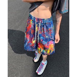 油画彩虹涂鸦冰丝短裤男夏季痞帅嘻哈速干沙滩裤子美式运动五分裤图片