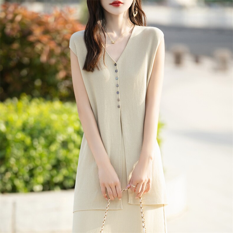 天丝中长款开叉马甲半身裙两件套女2024夏季薄款针织套装宽松裙子，女装套装/套裙，东远绒业