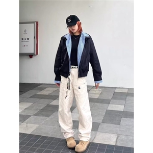 撞色拼接格子假两件夹克外套男女秋季翻领情侣开衫上衣图片