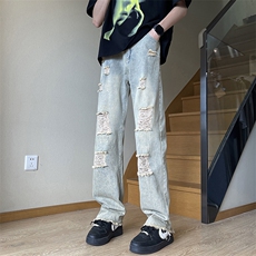 美式高街水洗牛仔裤男秋季潮牌高级感宽松直筒阔腿裤子NZ100-P45，男装牛仔裤，星座308B-2