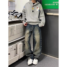 美式复古刺绣连帽毛衣男女款多巴胺彩色宽松针织衫慵懒风卫衣外套，男装针织衫/毛衣，四季星座505