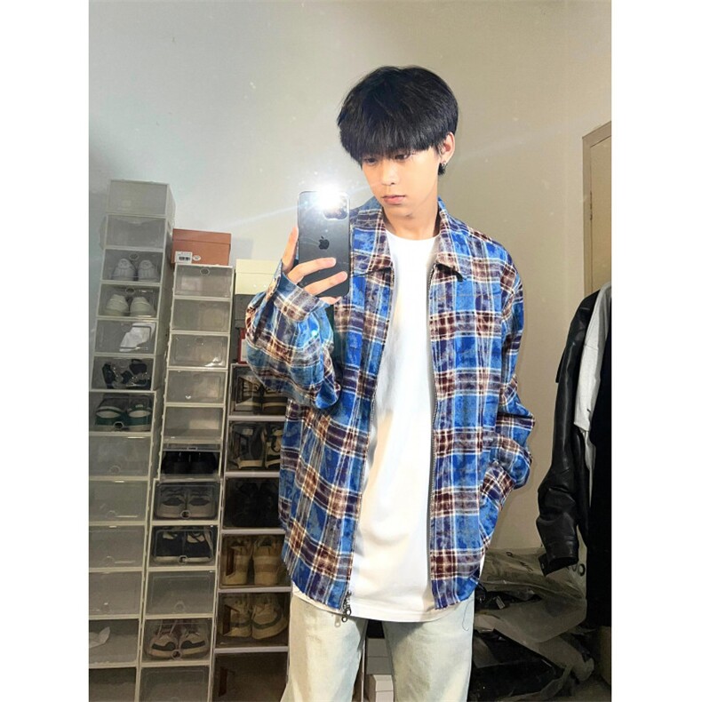 【有货】毛边破坏格子衬衫男长袖高级感拉链衬衣外套2503CC-特P45,男装衬衫,星座1007（原301D）