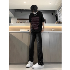 现货渐变拉链黑色牛仔裤男大码修身直筒裤K5804-K5805-P50，男装牛仔裤，星座205