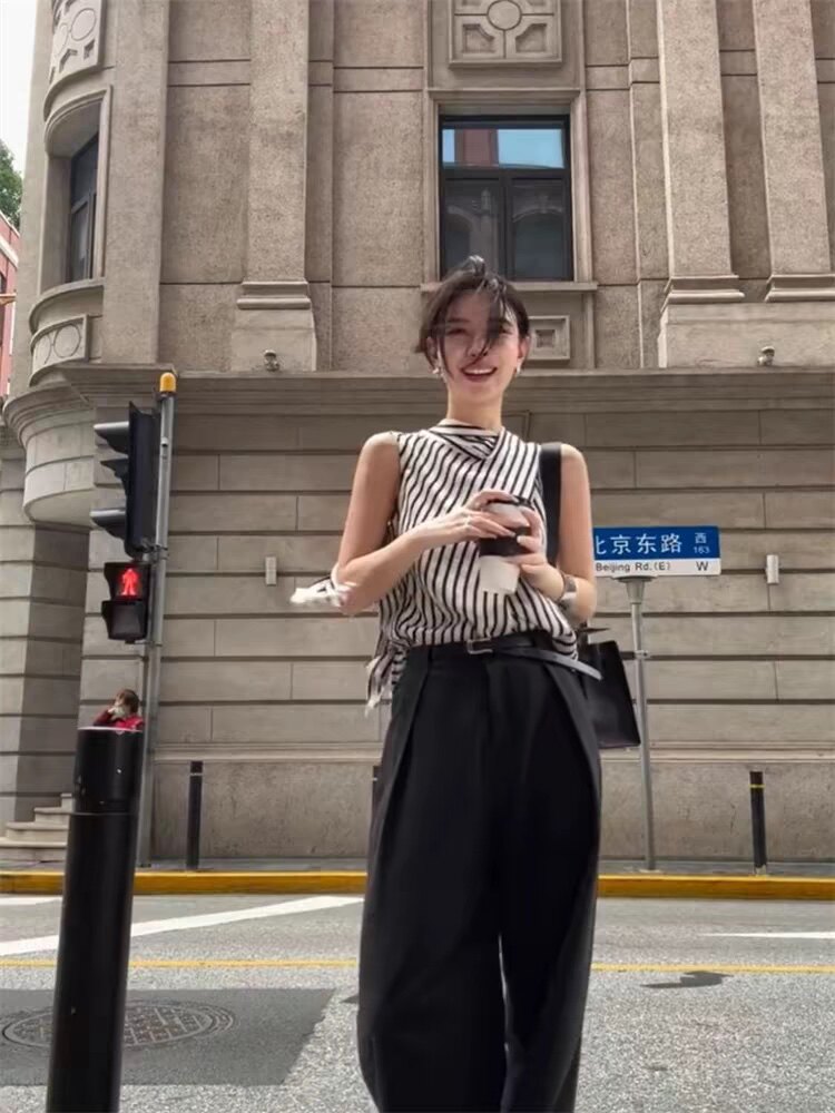 雪纺条纹无袖衫带衫,女装T恤,米咔羊绒