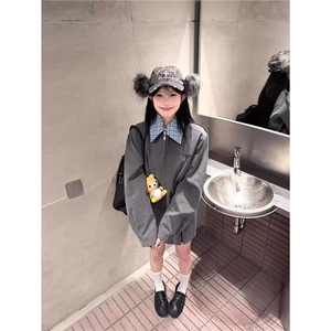 简约休闲可拆卸双领格子拼接宽松长袖夹克女装外套2025秋季新款图片