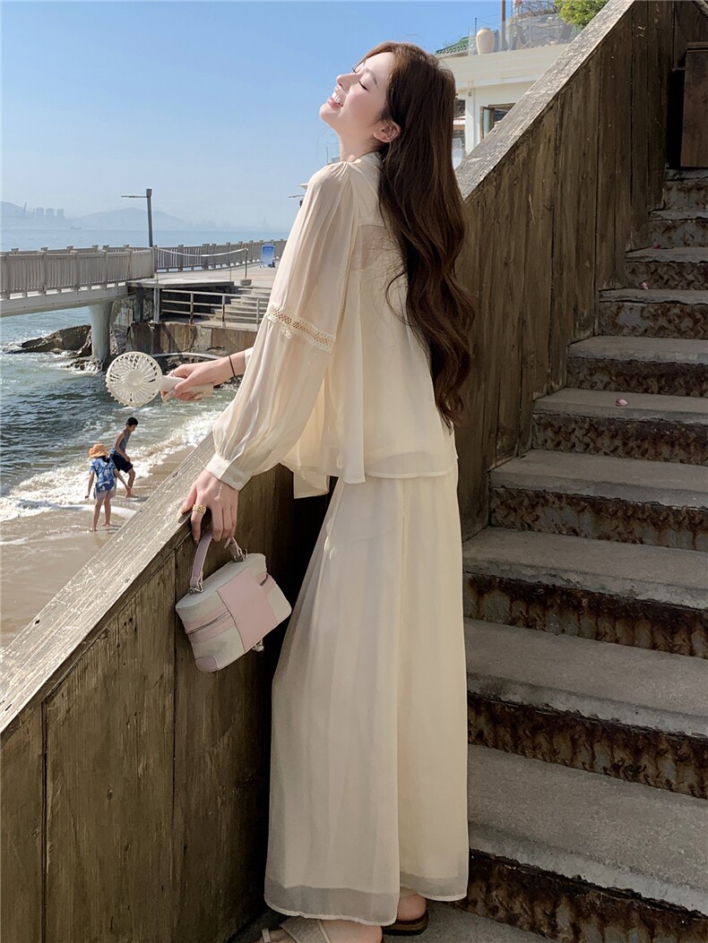 超仙时尚雪纺套装女2026春夏新款半透减龄显瘦流行阔腿裙裤三件套,女装套装/套裙,衣秀之家