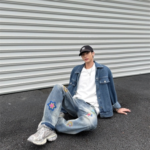 春秋新款花瓣刺绣牛仔裤设计感复古宽松百搭直筒裤图片