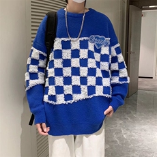 棋盘格子毛衣男设计感小众网红潮牌圆领套头青年针织衫M0835-p48，男装针织衫/毛衣，星座1008-1