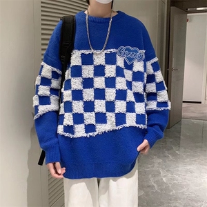 棋盘格子毛衣男设计感小众网红潮牌圆领套头青年针织衫M0835-p48图片