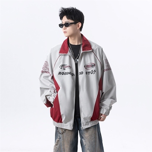 港风美式字母印花拼色拼接开衫立领夹克外套 XZ213-JK08-P88控108图片