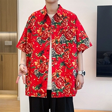 D1男士休闲大码男女冰丝感短袖衬衫外套团队表演出汉服风大花，男装Polo衫，星座115A(原星座507）