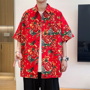D1男士休闲大码男女冰丝感短袖衬衫外套团队表演出汉服风大花图片