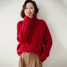 时尚麻花高领羊绒衫女士修身显瘦红色毛衣，女装羊绒衫，迎冬羊绒