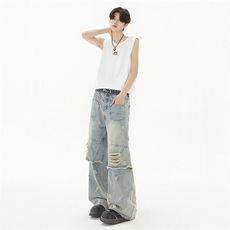 美式街头设计感破洞牛仔裤女假两件宽松直筒阔腿拖地裤YD9004-P80，男装牛仔裤，星座509