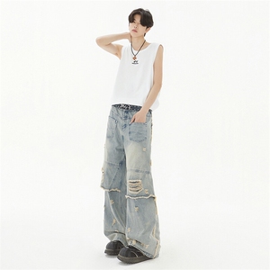 美式街头设计感破洞牛仔裤女假两件宽松直筒阔腿拖地裤YD9004-P80图片