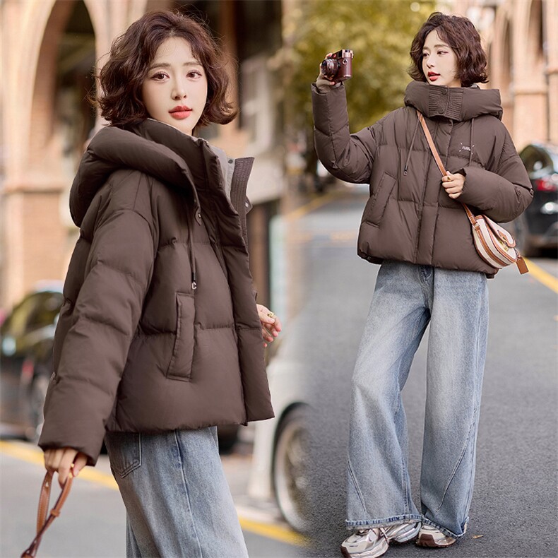 超好看咖色短款羽绒服女2025冬季新款小个子连帽白鸭绒面包服外套,女装羽绒服,梦懿尔