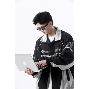 港风美式字母印花拼色拼接开衫立领夹克外套 XZ213-JK08-P88控108图片