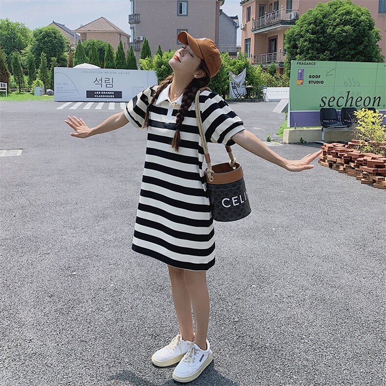 慵懒风休闲条纹拼色T恤连衣裙女2025夏季新款宽松遮肉Polo衫裙子,女装连衣裙,唯依ONLY
