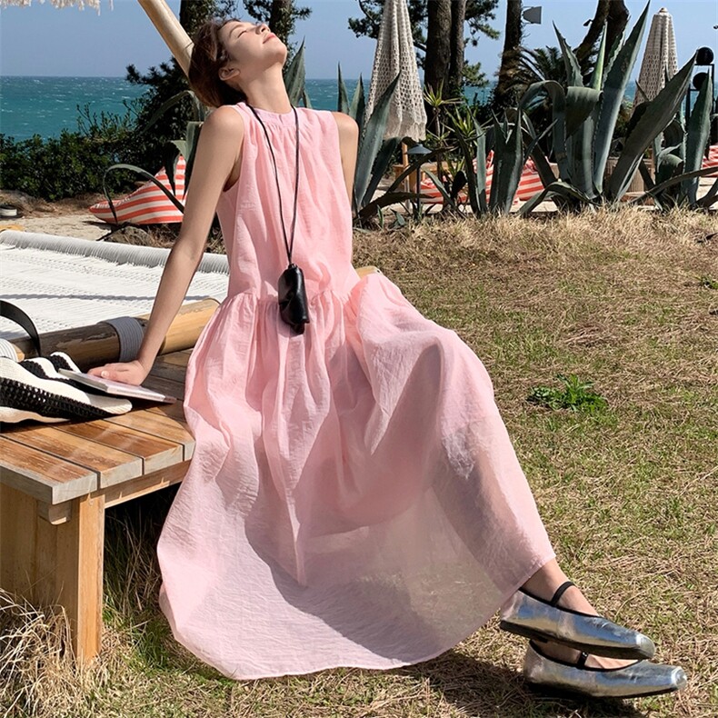今年流行粉色无袖连衣裙女2025夏季新款高级感超仙气质绝美长裙潮,女装连衣裙,浙宝305