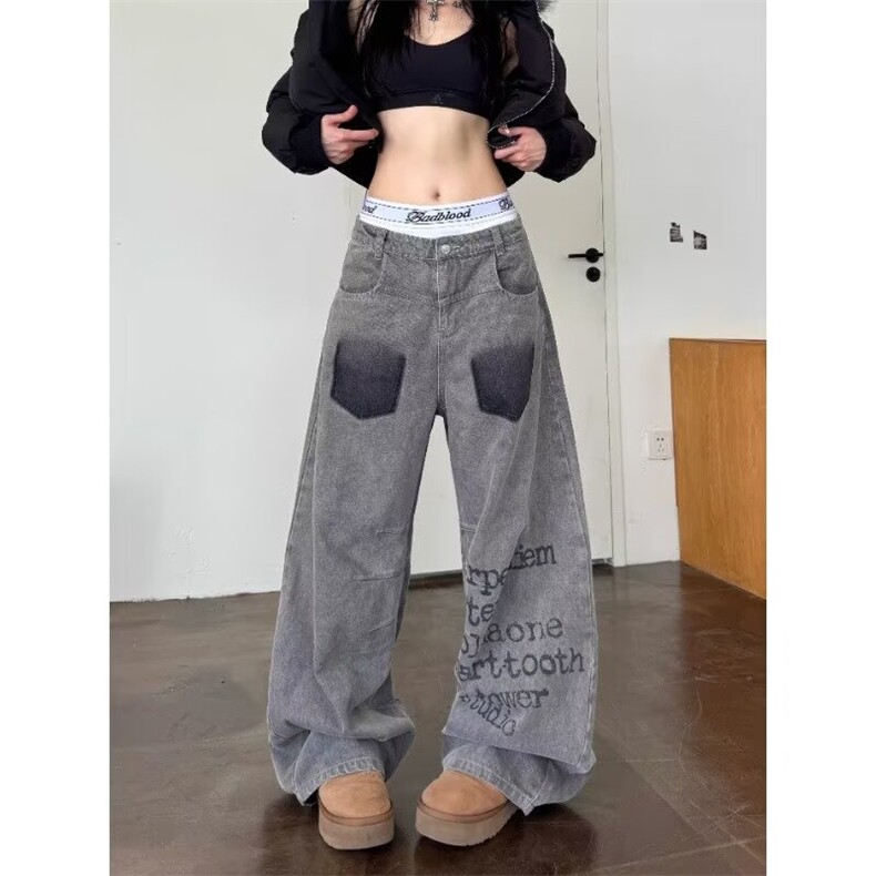 美式牛仔裤子男女情侣秋季潮牌宽松大码直筒水洗阔腿长裤NZB398,男装牛仔裤,星座516A