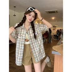 美式趣味小狗毛巾绣格子短袖衬衫女夏季新款宽松休闲衬衣独特上衣，男装T恤，星座1210-1