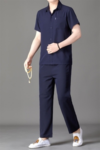 2025夏季风套装衬衫套短袖长裤衬衫男装方领休闲男士装图片