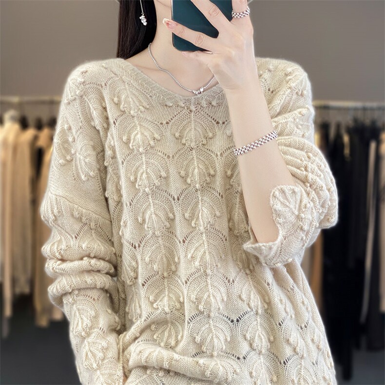 2025秋冬新款V领羊毛衫女士宽松显瘦勾花镂空内搭毛衣上衣,女装羊毛衫,琳华羊绒
