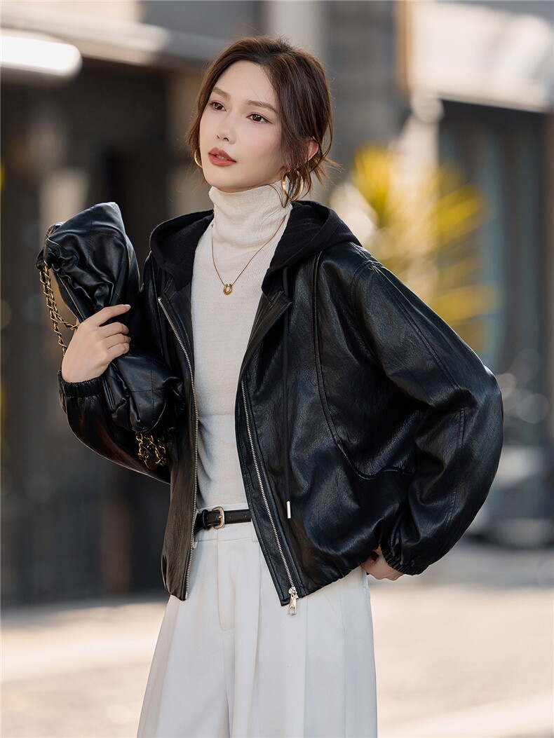 【大量现货】2026秋季女装新款时尚休闲连帽短款皮衣外套,女装皮衣,缘衣格