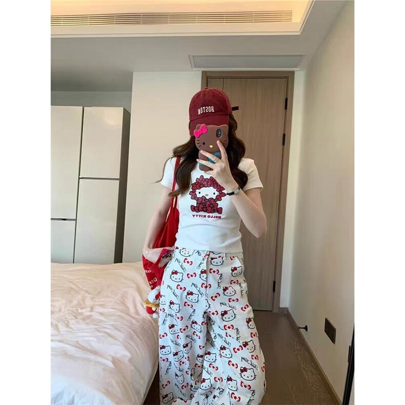 满印HelloKitty白色阔腿裤女夏宽松显瘦直筒裤慵懒百搭休闲拖地裤,男装休闲裤,星座1210-1