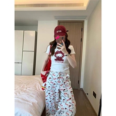 满印HelloKitty白色阔腿裤女夏宽松显瘦直筒裤慵懒百搭休闲拖地裤，男装休闲裤，星座1210-1