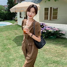 新款现货主推V领阔腿裤套装9828-P125-K178，女装套装/套裙，2C129
