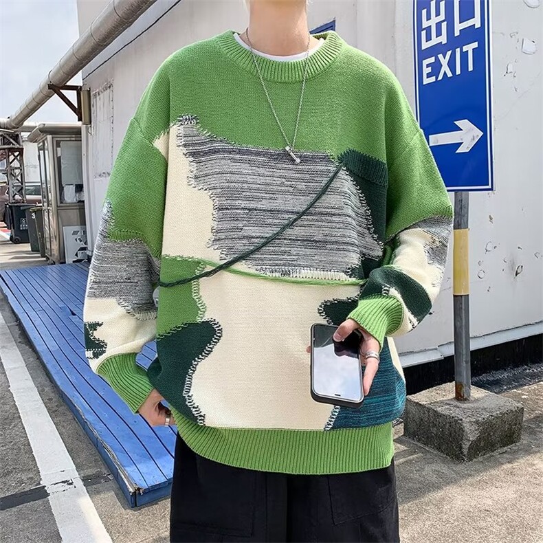 秋冬拼接毛衣男不规则圆领套头高街潮牌复古青少年针织衫P43,男装针织衫/毛衣,四季星座218-1