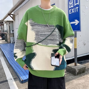 秋冬拼接毛衣男不规则圆领套头高街潮牌复古青少年针织衫P43图片