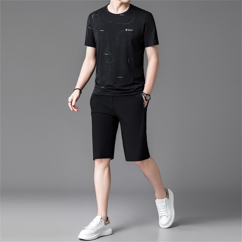 R-WL6152夏季男式速干短袖短裤二件套运动休闲圆领修身t恤套装,男装牛仔裤,电商B360