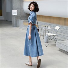 2023新款夏韩版牛仔连衣长裙短袖修身显瘦大摆裙图片