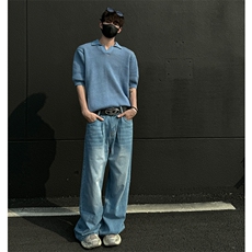24M05-P50现货男女高街ins潮流夏季短袖套头毛衣蓝色半袖上衣，男装T恤，电商B327