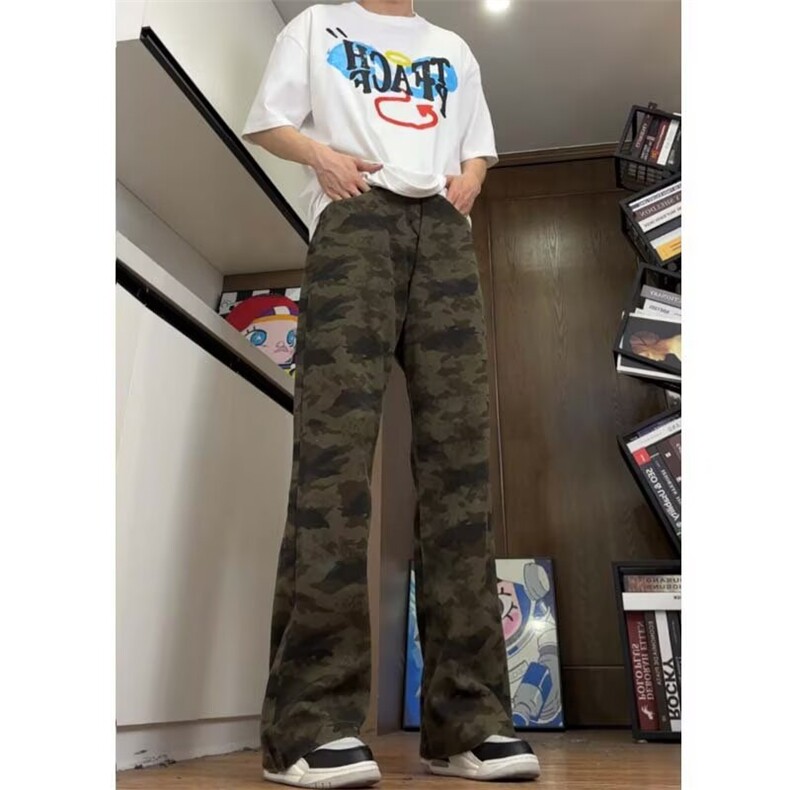 迷彩牛仔裤男宽松直筒工装裤廓形堆积弯刀老爹裤2828P43，男装牛仔裤，星座410-2