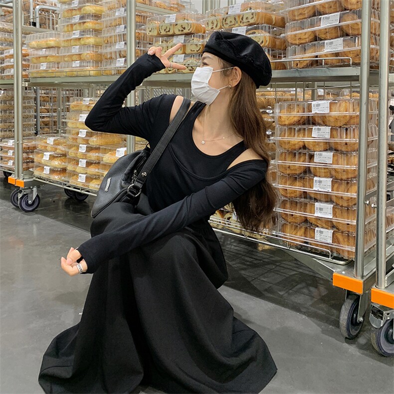 【现货！新款】2C037303P115K1682025春秋黑色修身休闲连衣裙,女装连衣裙,2C037