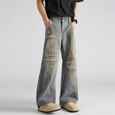 美式做旧水洗破洞牛仔裤潮牌宽松休闲设计直筒裤，男装牛仔裤，星座410-6（原星座1304-1）